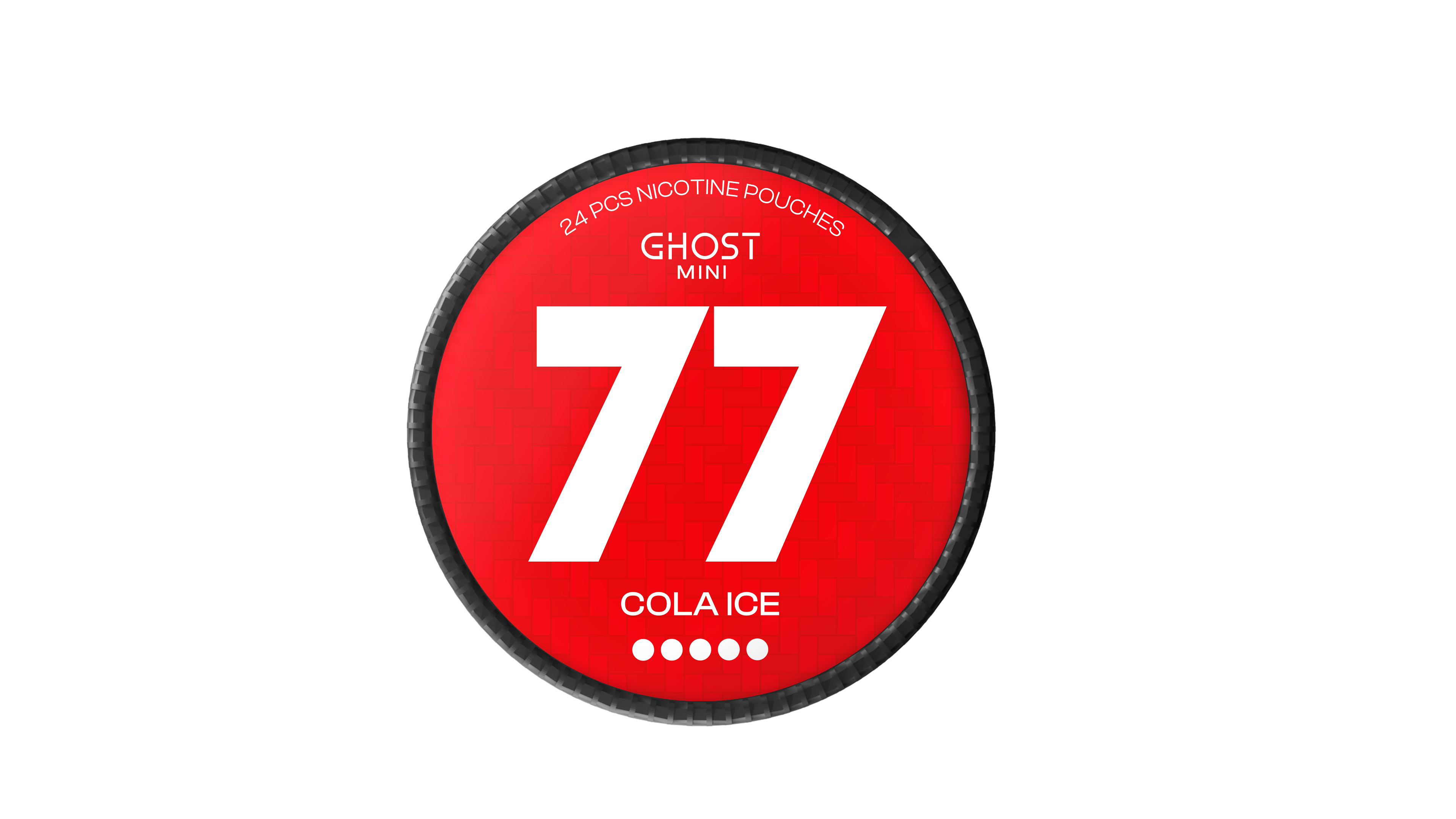 77 Ghost Cola Ice Mini Nicotine Pouches tin showing 24 white pouches with red branding on a black background.