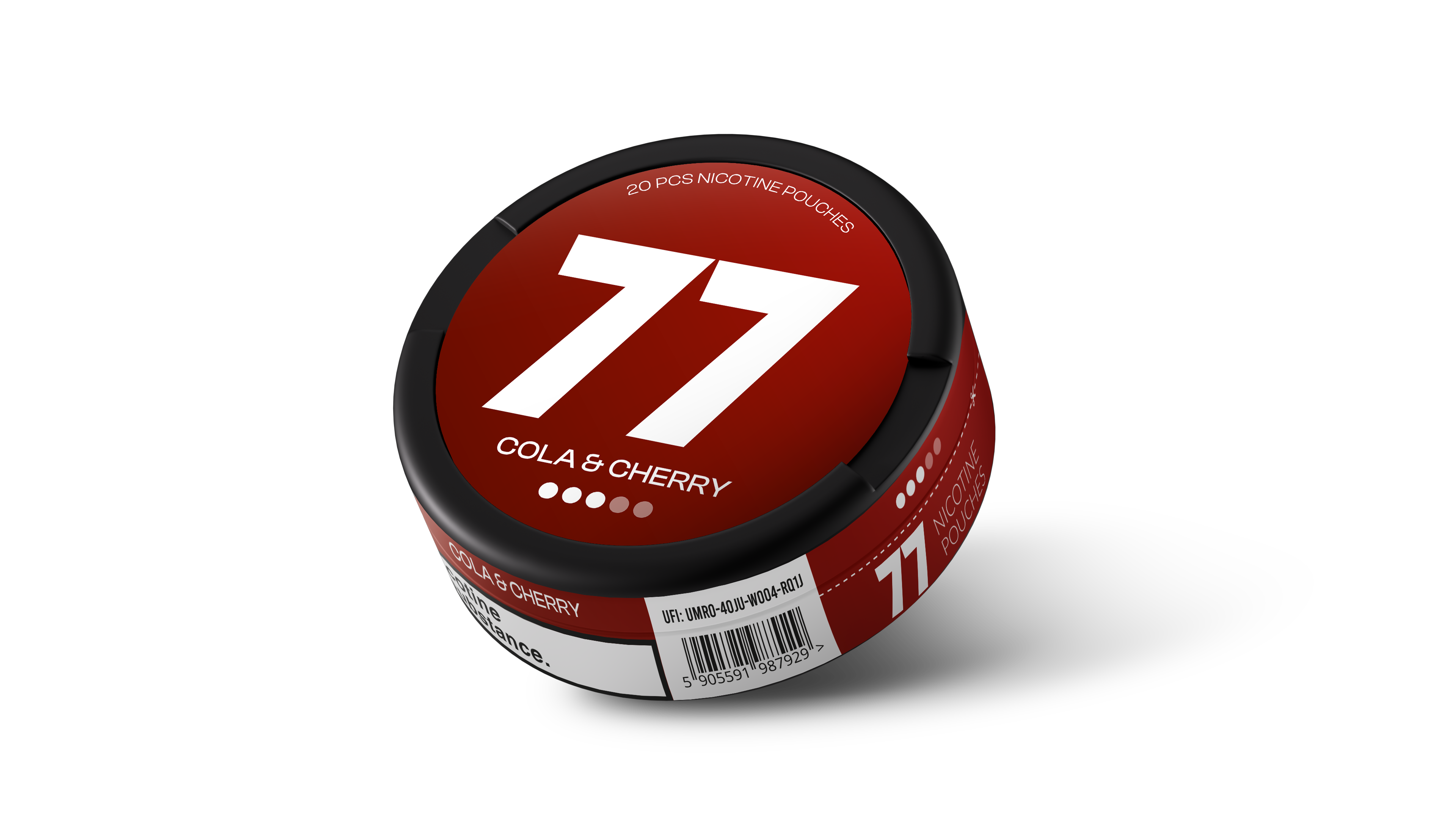 77 Cola & Cherry 16mg Nicotine Pouches can, 20 tobacco-free slim pouches for Shopify GB.