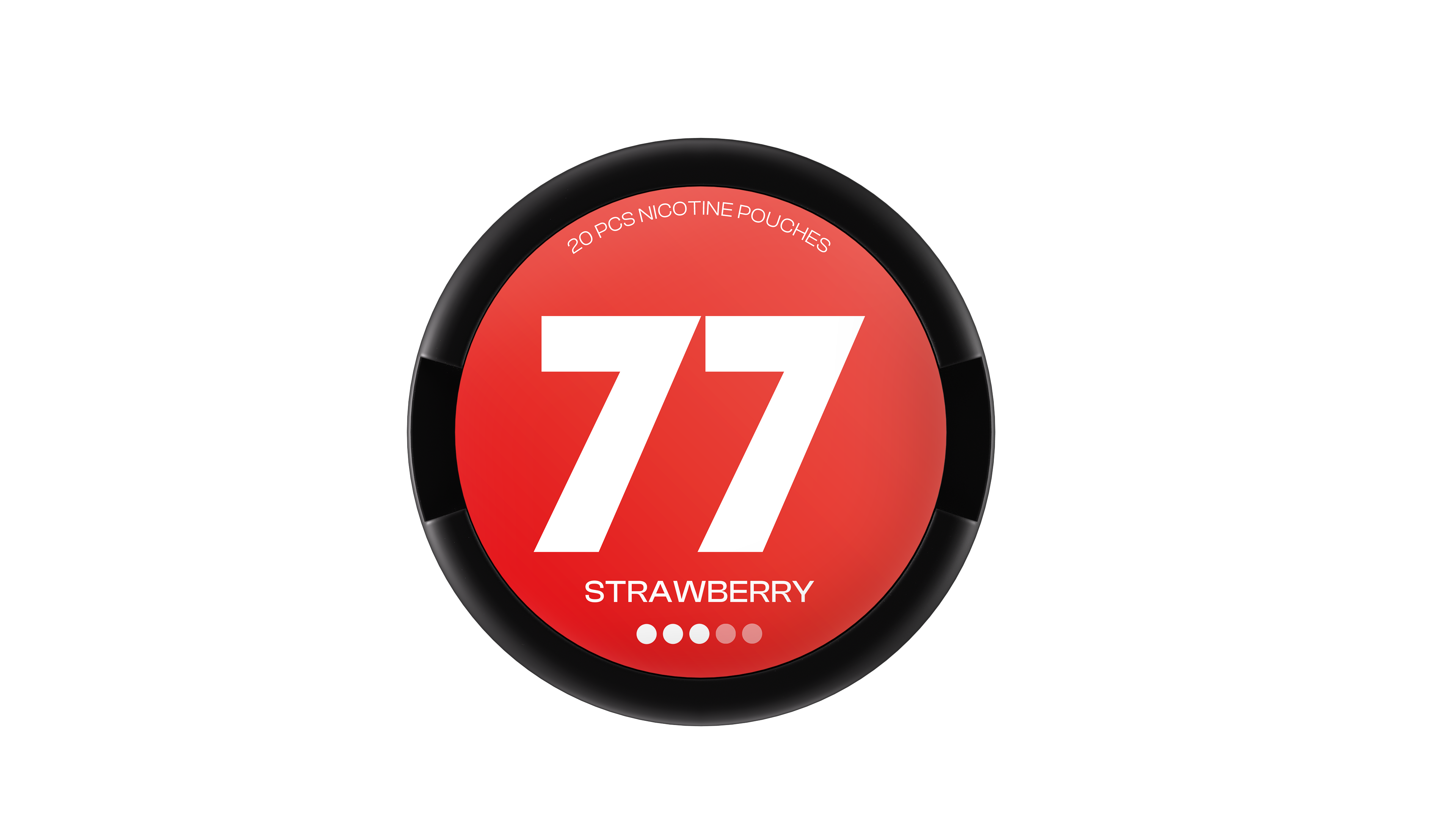 77 Strawberry nicotine pouches 16mg tin showing the red 77 logo and strawberry label on a black circular can.