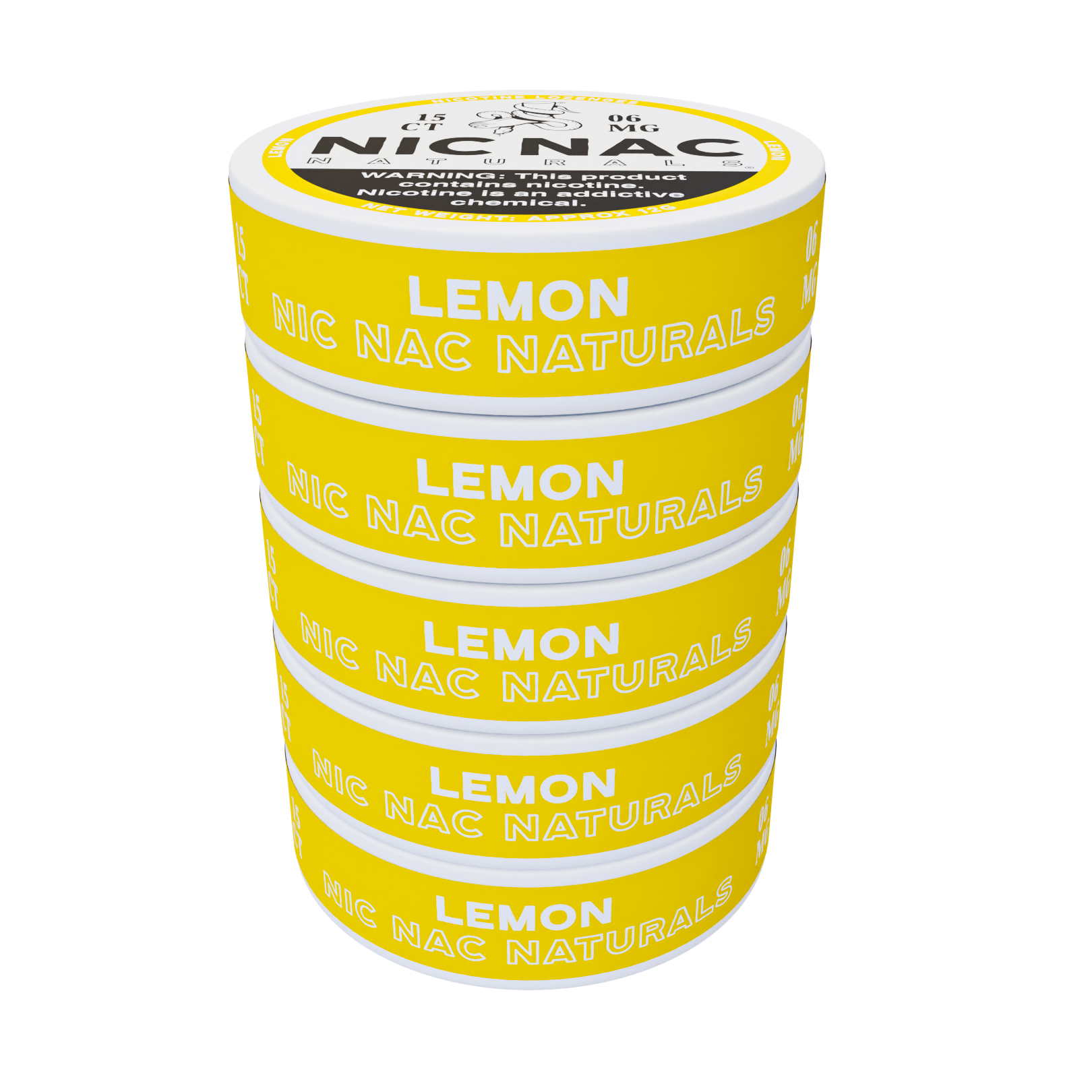 A stack of five Nic Nac Naturals lemon nicotine lozenge tins, 6mg strength, with yellow labels on a white background.