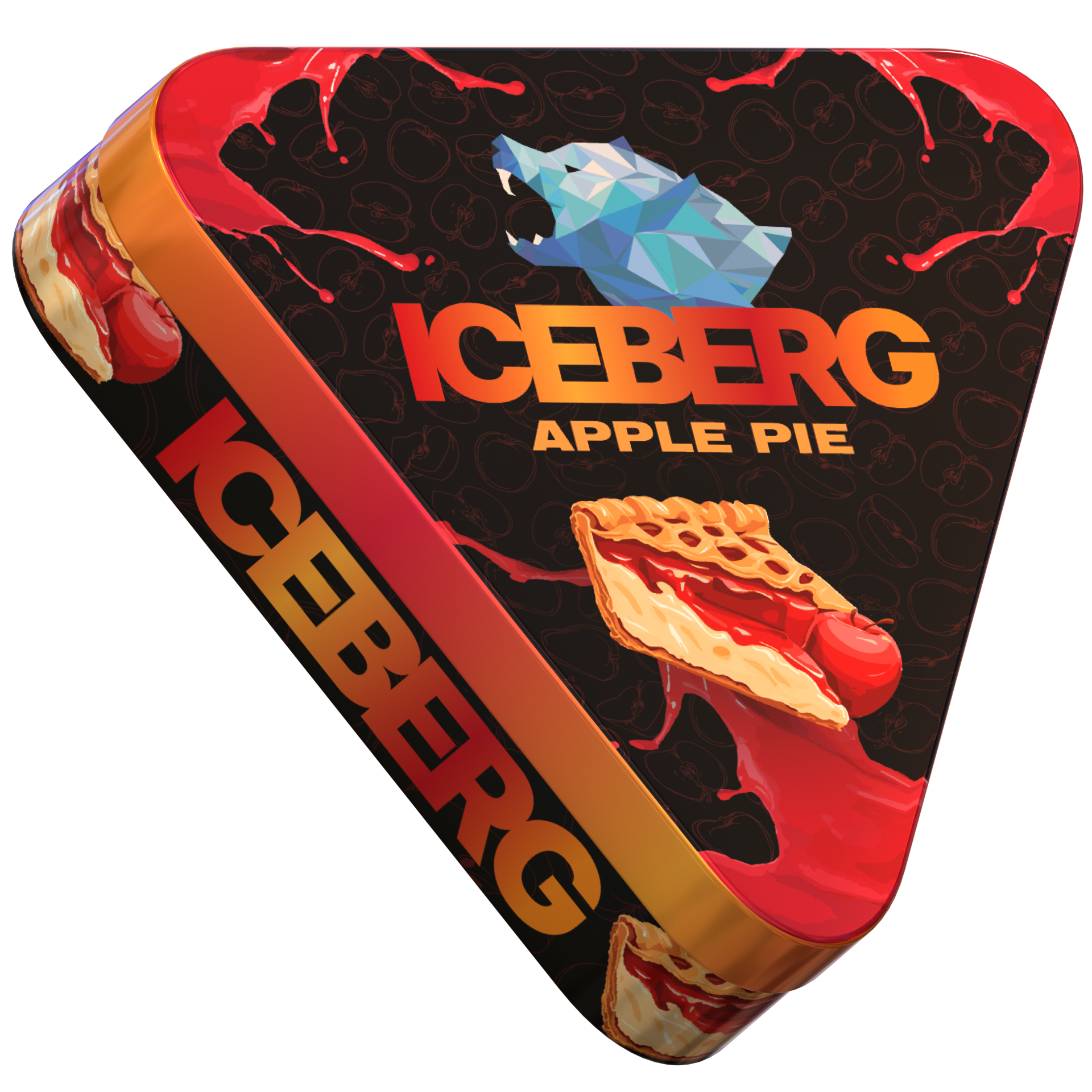 Iceberg Pies Apple Pie 50mg extra strong nicotine pouches, side view of triangular tin with dessert branding.