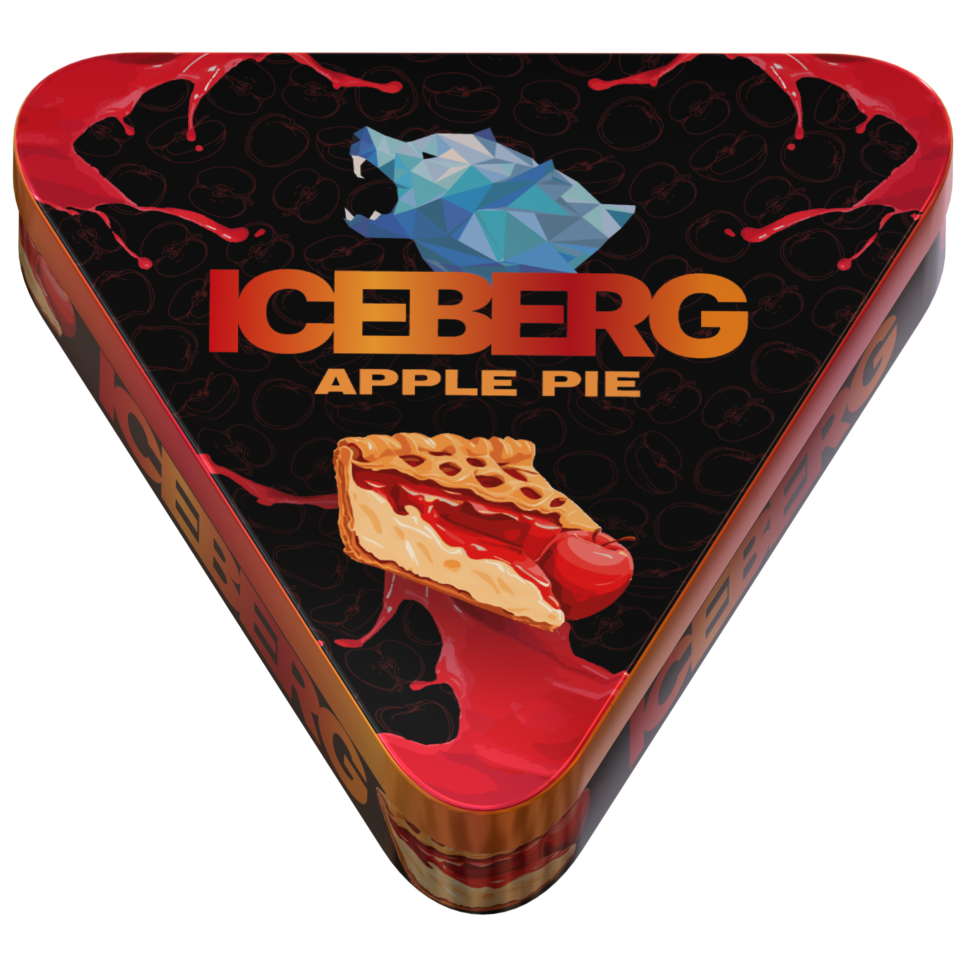Iceberg Pies Apple Pie 50mg extra strong nicotine pouches in a triangular tin with apple pie graphics.
