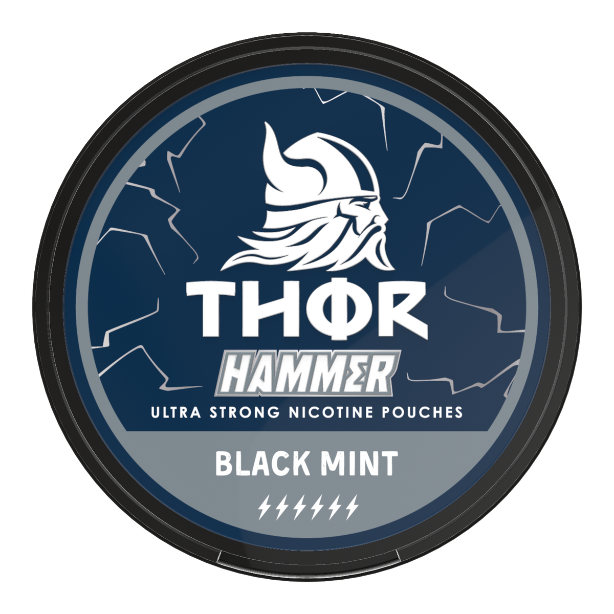 THOR HAMMER Black Mint 16MG (20MG/G) Liquorice Mint Nicotine Pouches, Front of Can