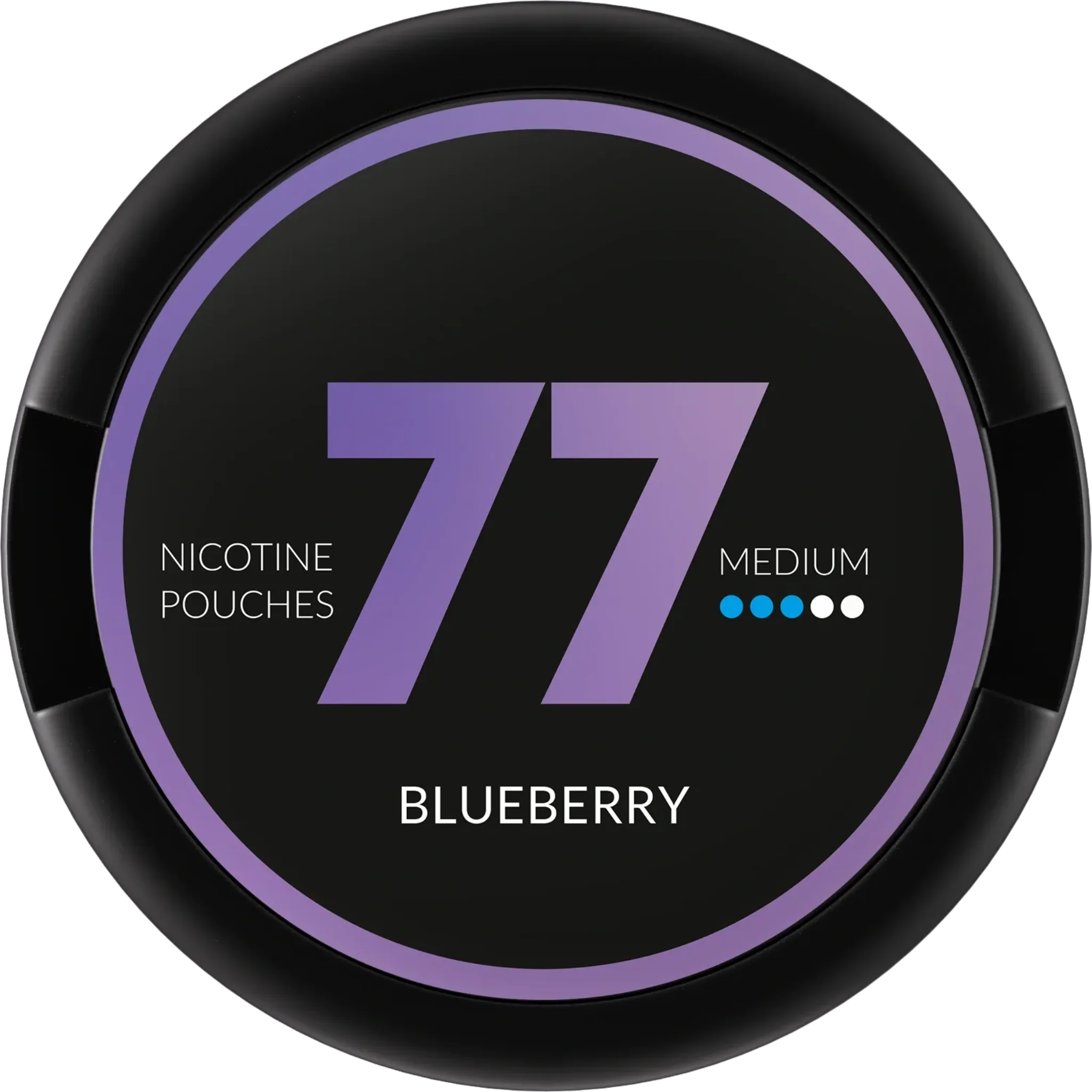 77 Blueberry medium strength nicotine pouches in a black can with purple branding and 3-dot nicotine indicator.