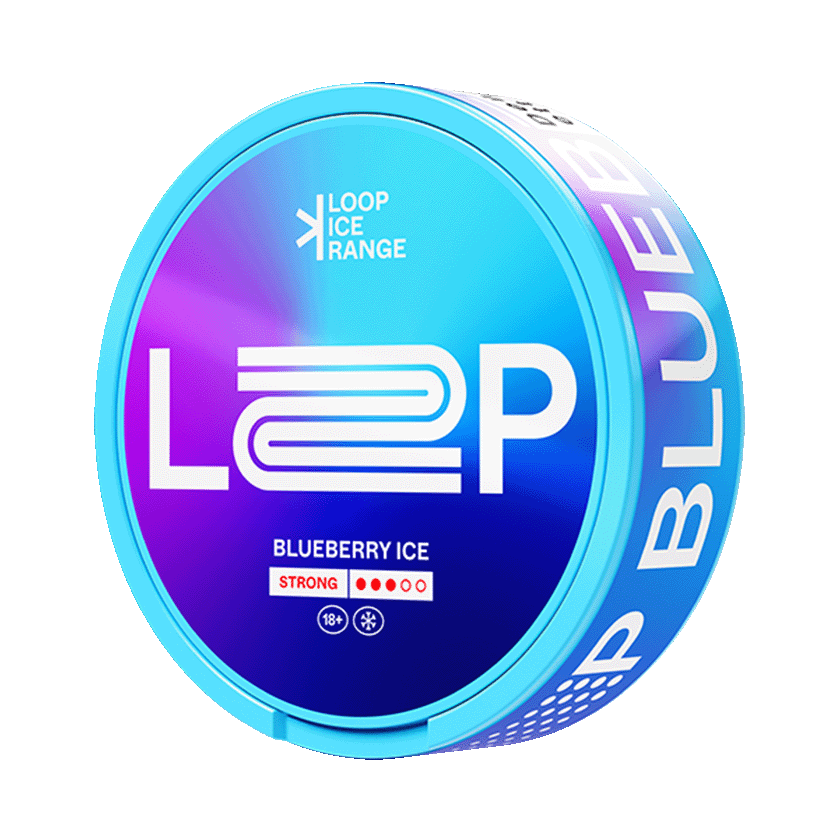 LOOP Blueberry Ice Nicotine Pouches can with blue-purple gradient, 9.4mg strong indicator, and slim tobacco-free design.