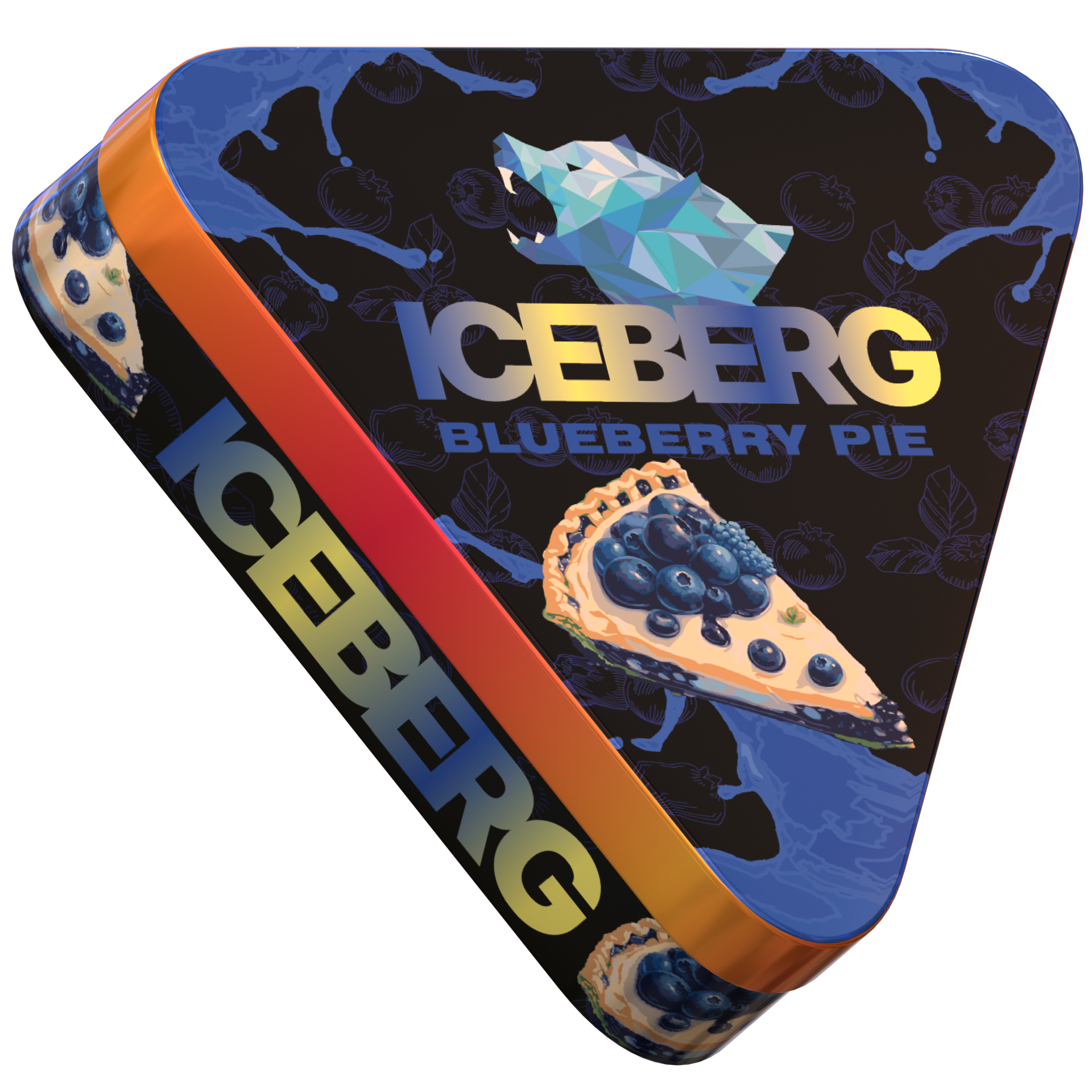 Side view of Iceberg Blueberry Pie nicotine pouches tin featuring a polar bear logo and blueberry pie slice illustration.