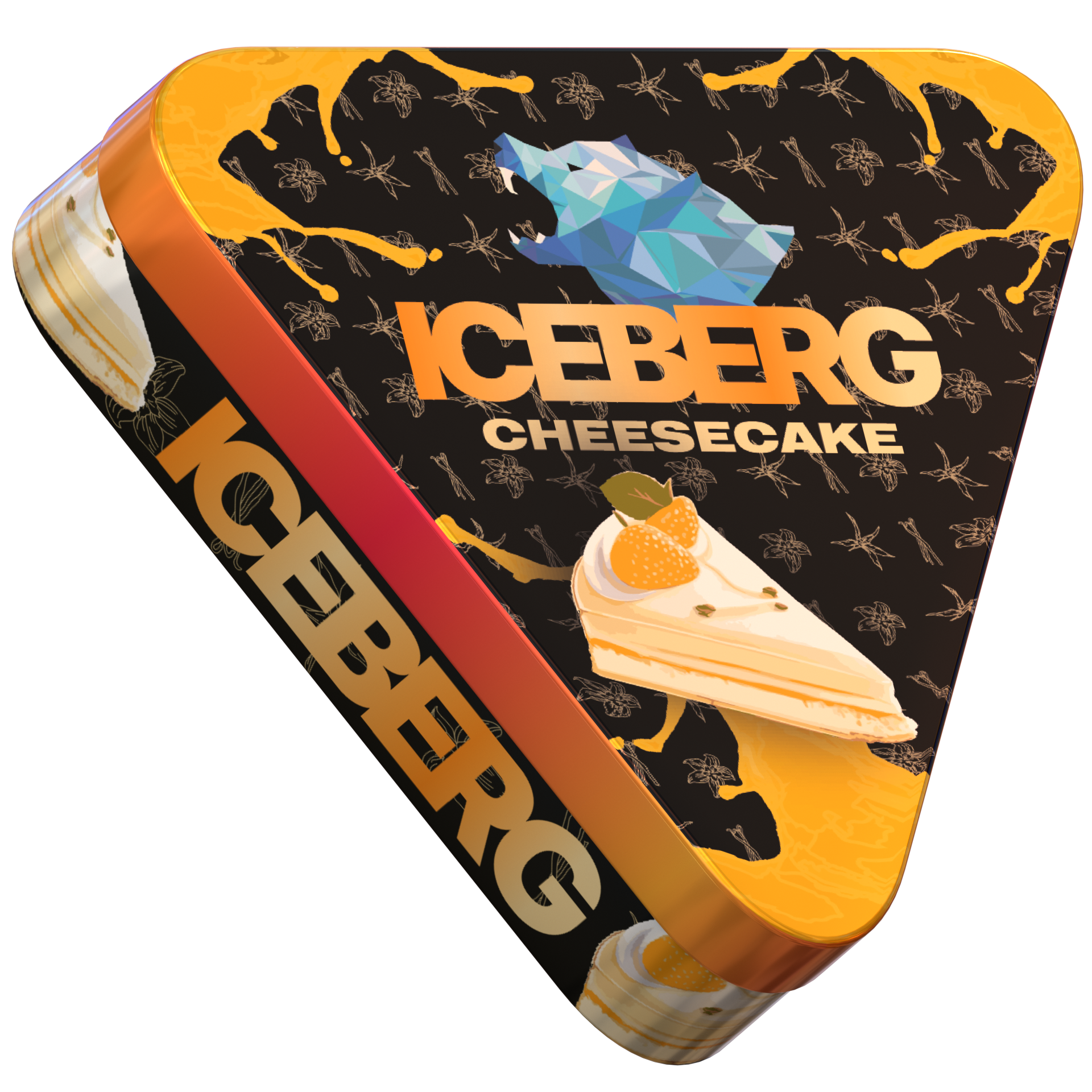 Side view of ICEBERG Cheesecake 50mg nicotine pouches triangular tin with dessert graphics and blue polar bear logo.