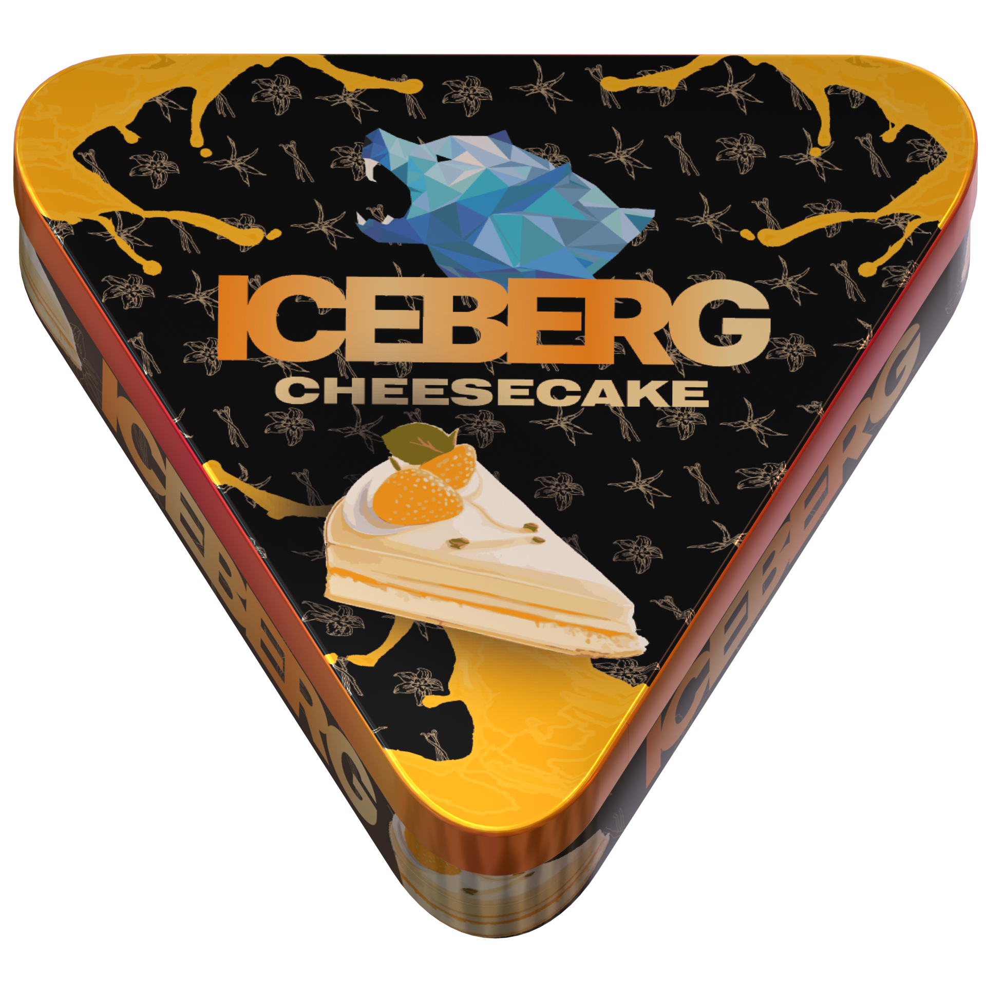 Top view of ICEBERG PIES Cheesecake 50mg nicotine pouches in a triangular black and orange can.