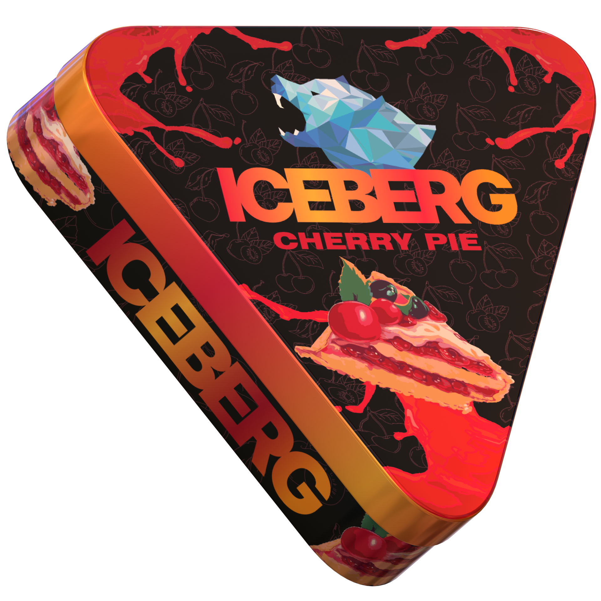 Side view of ICEBERG PIES Cherry Pie tobacco-free nicotine pouches in a triangular tin with 50mg strength branding.