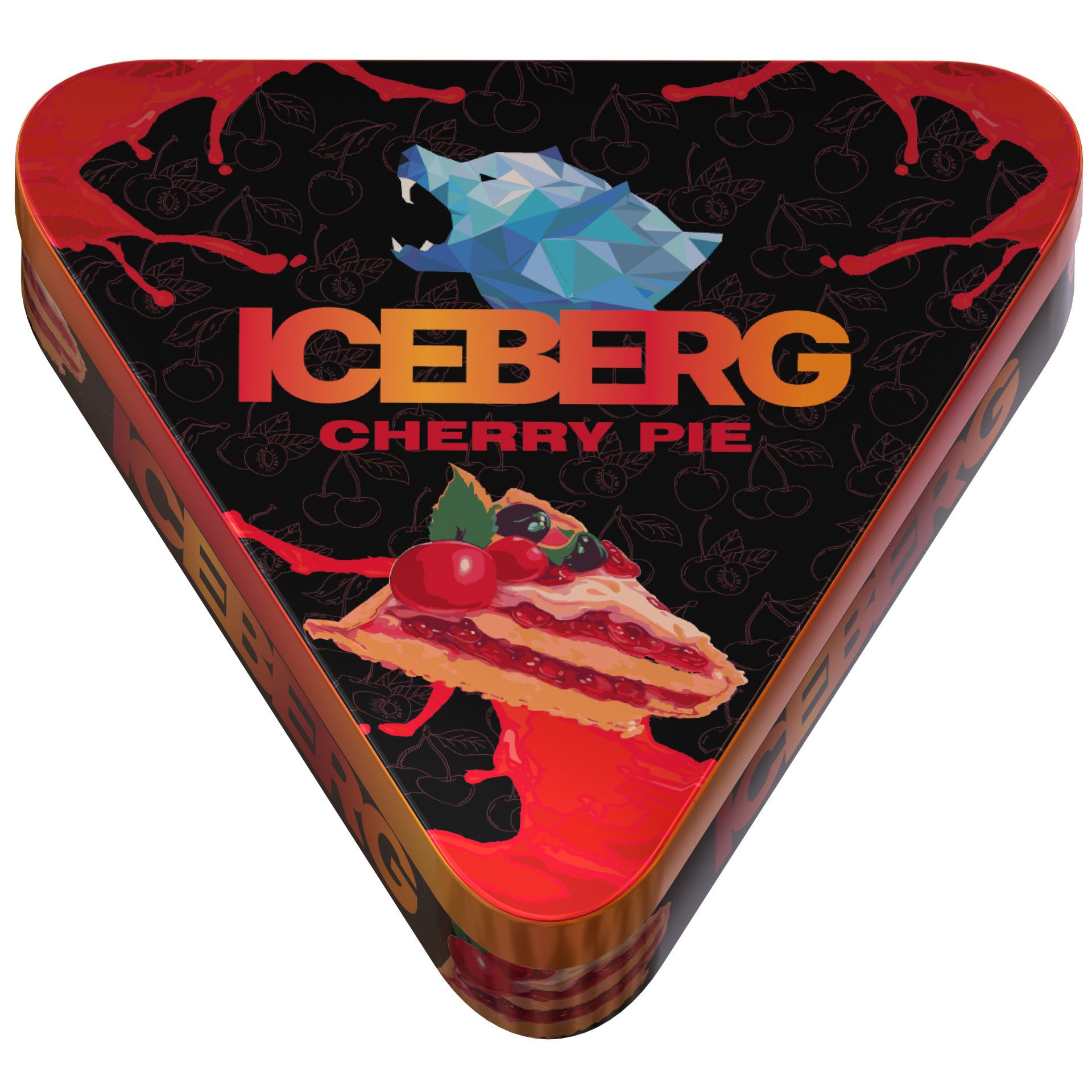 Triangular tin of Iceberg Cherry Pie nicotine pouches, 50mg, with polar bear logo and dessert illustration.