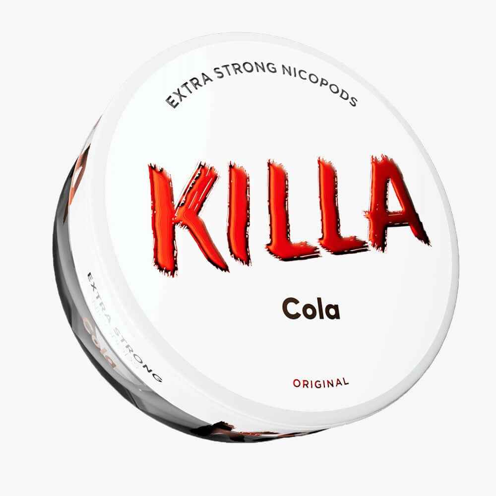 KILLA Cola Extra Strong Nicotine Pouches, 13.2mg original slim can for a tobacco-free cola experience.