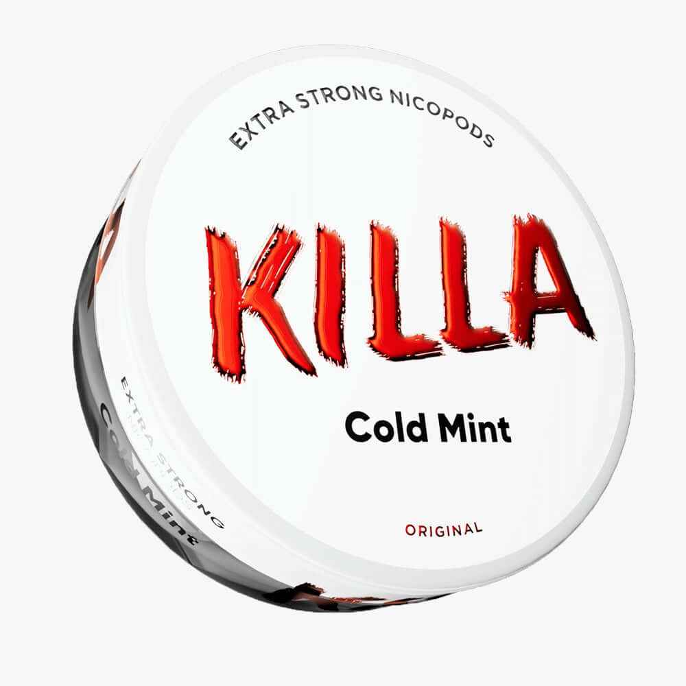 Killa Cold Mint Nicotine Pouches can, 13.2mg extra strong tobacco-free nicopods on white background.