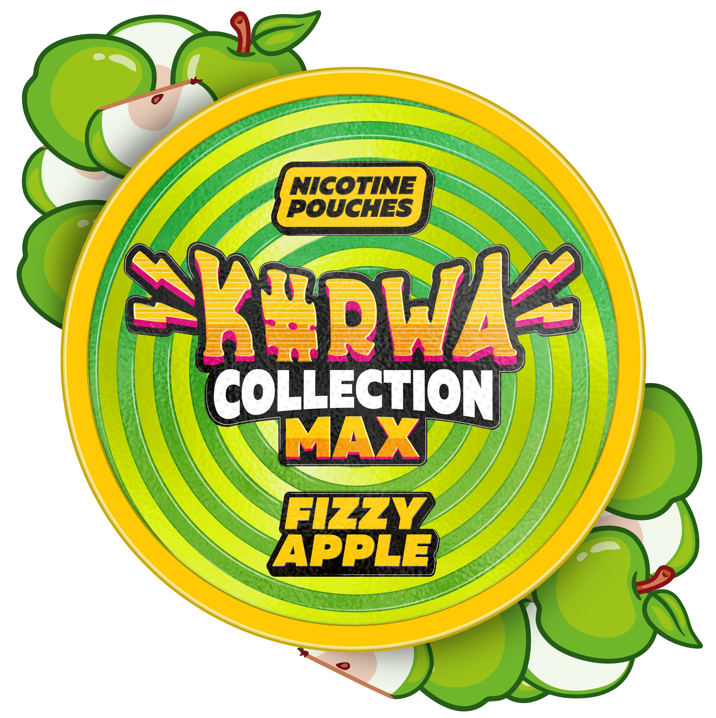 Kurwa Collection Max Fizzy Apple Nicotine Pouches can with vibrant green apple graphics and swirl background.