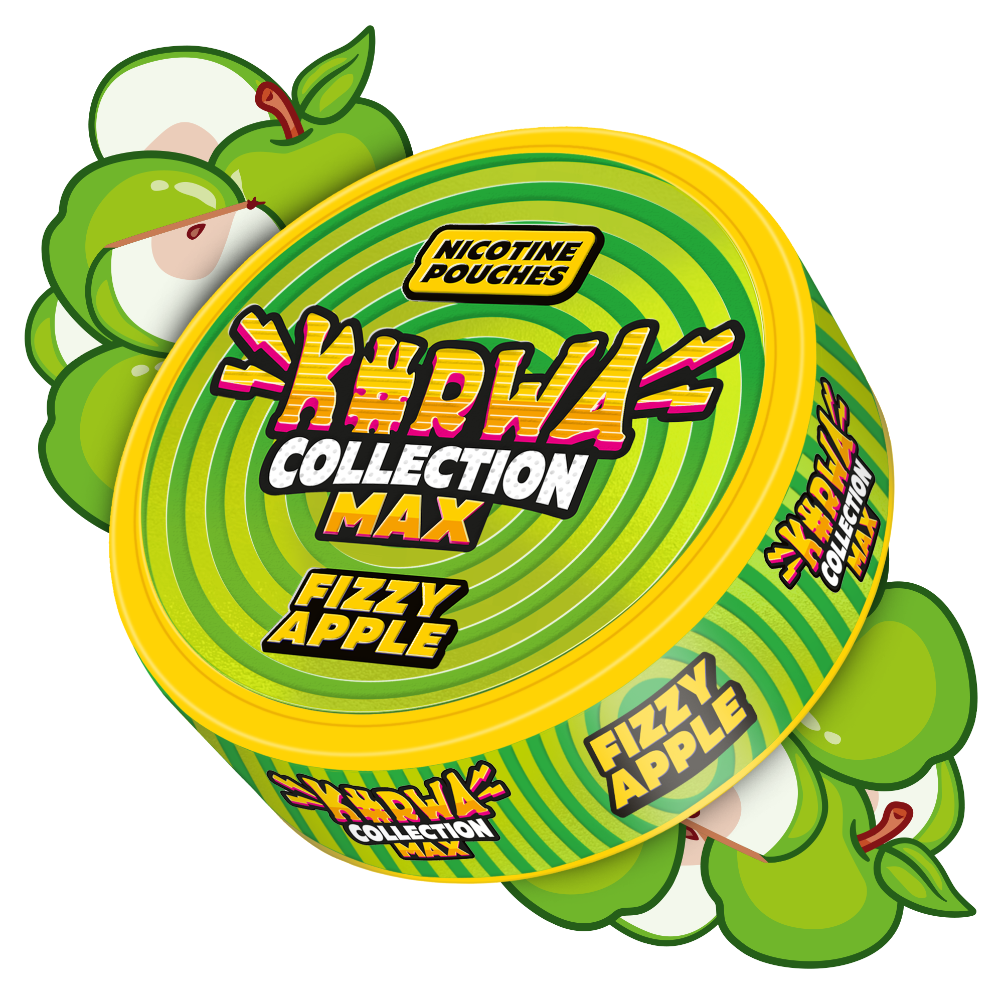 Kurwa Collection Max Fizzy Apple Nicotine Pouches can with green swirl design and crisp apple illustrations.