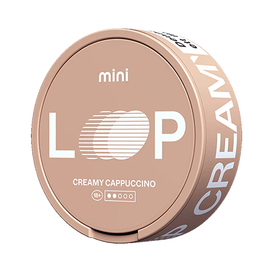 LOOP Creamy Cappuccino Mini nicotine pouch can in tan, featuring 6.75mg strength indicator and coffee-inspired branding.