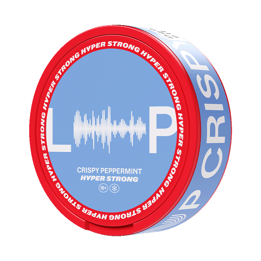 LOOP Crispy Peppermint Hyper Strong nicotine pouch can featuring 15.6mg strength and blue labels with red accents.