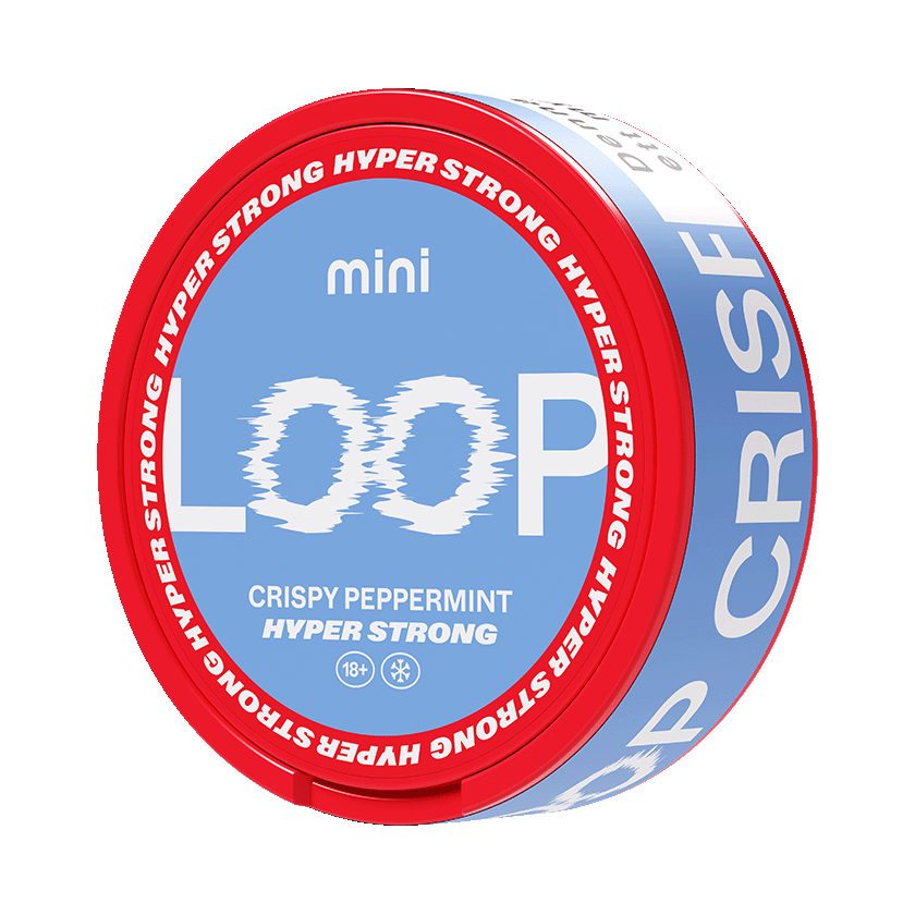 LOOP Crispy Peppermint Mini nicotine pouch can in blue and red, featuring Hyper Strong 10.5mg strength branding.