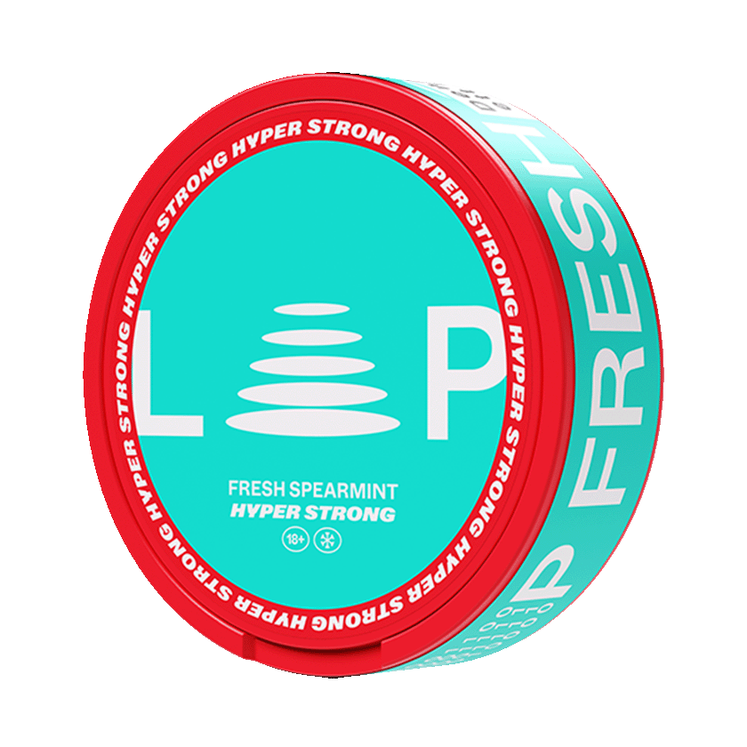 Teal and red can of LOOP Fresh Spearmint Hyper Strong nicotine pouches, featuring the slim format design for Shopify GB.