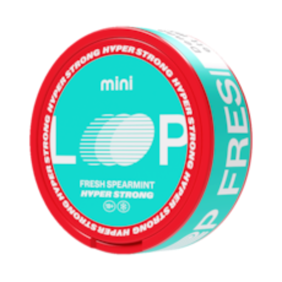 LOOP Fresh Spearmint Mini nicotine pouch can in turquoise and red, Hyper Strong 10.5mg edition for UK.