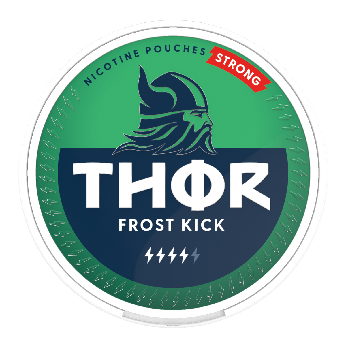 THOR Frost Kick Strong 9.5MG (15MG/G) Mint Nicotine Pouches, Front of Can