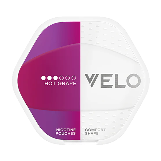 VELO Hot Grape 8mg Nicotine Pouches in a slim white and purple comfort shape can on a clean white background.
