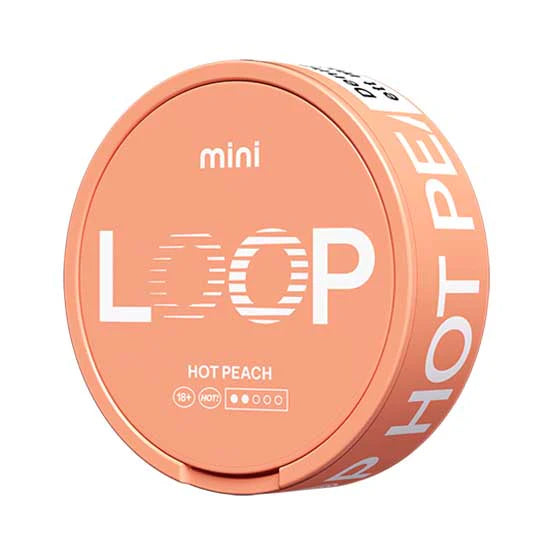 LOOP Hot Peach Mini 6.75mg nicotine pouch can with medium strength indicator and white logo on peach background.