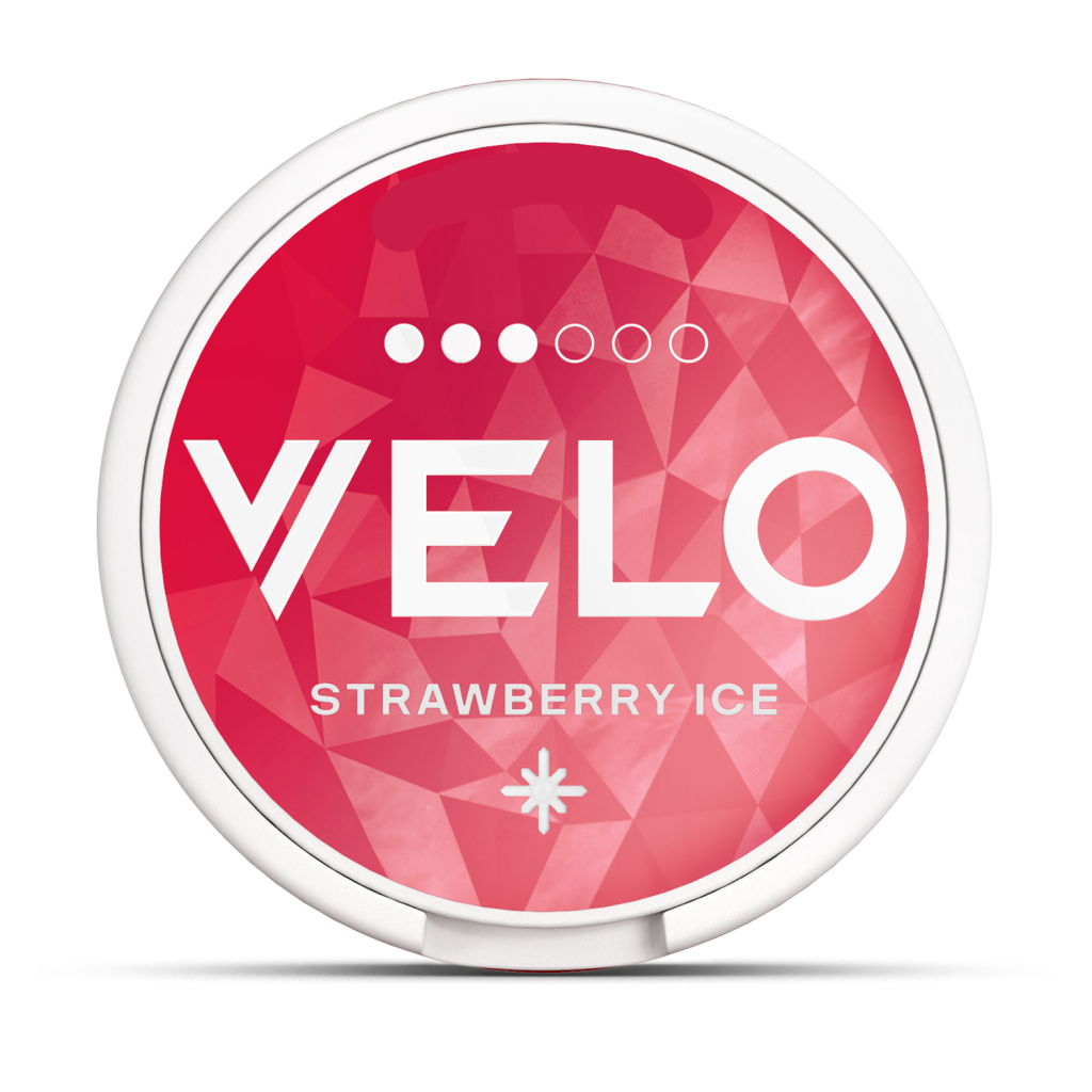 VELO Strawberry Ice 10mg Nicotine Pouches - circular can with red geometric pattern and snowflake icon.