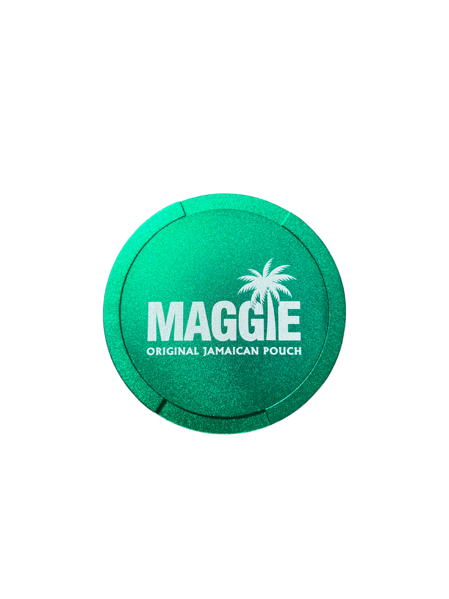 Top-down view of the MAGGIE Aluminium Pouch Case in a green metallic finish with palm tree logo and brand text.
