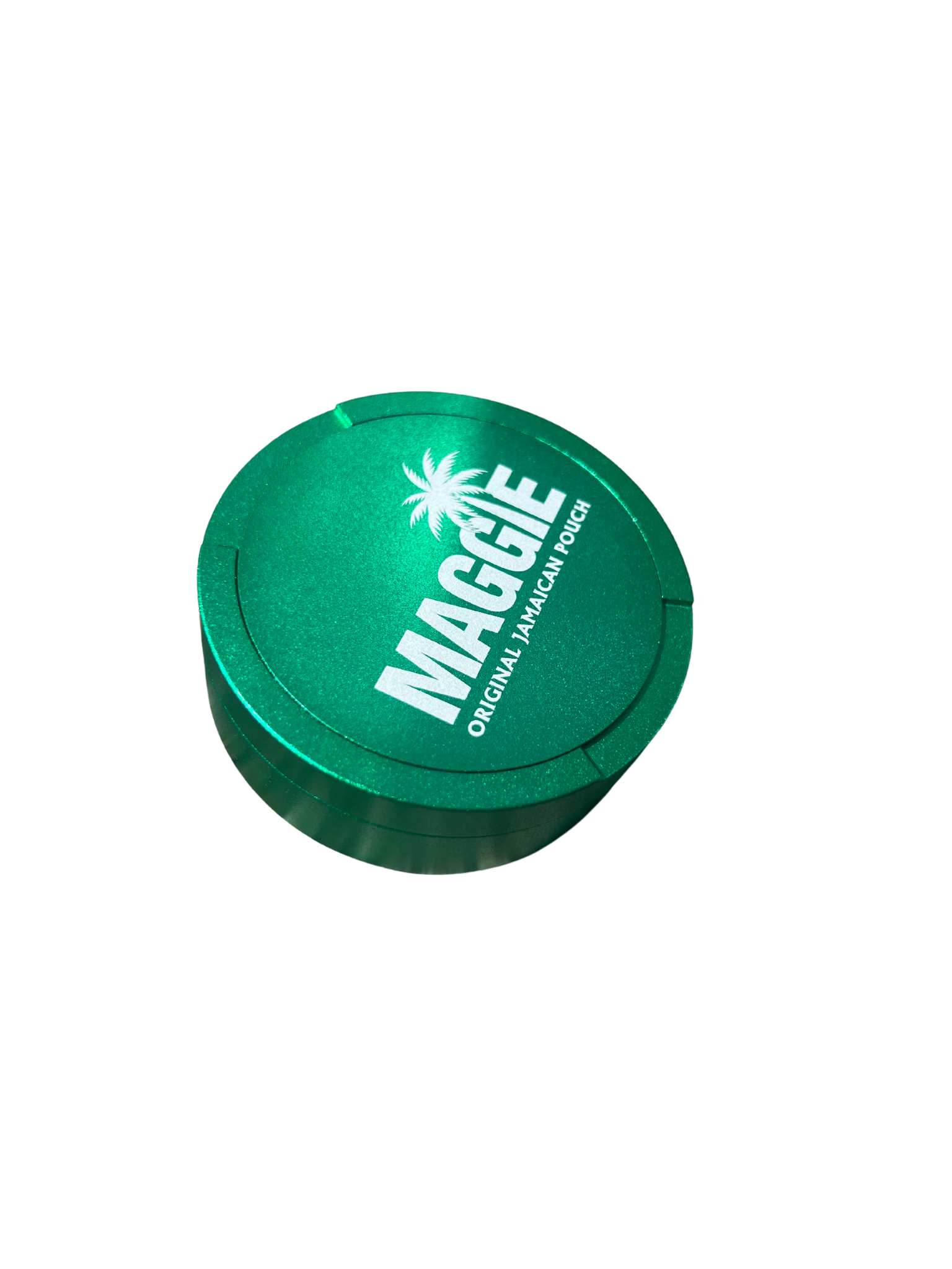 Green Maggie aluminium nicotine pouch case with white palm tree logo. Round pocket-sized metal storage tin.