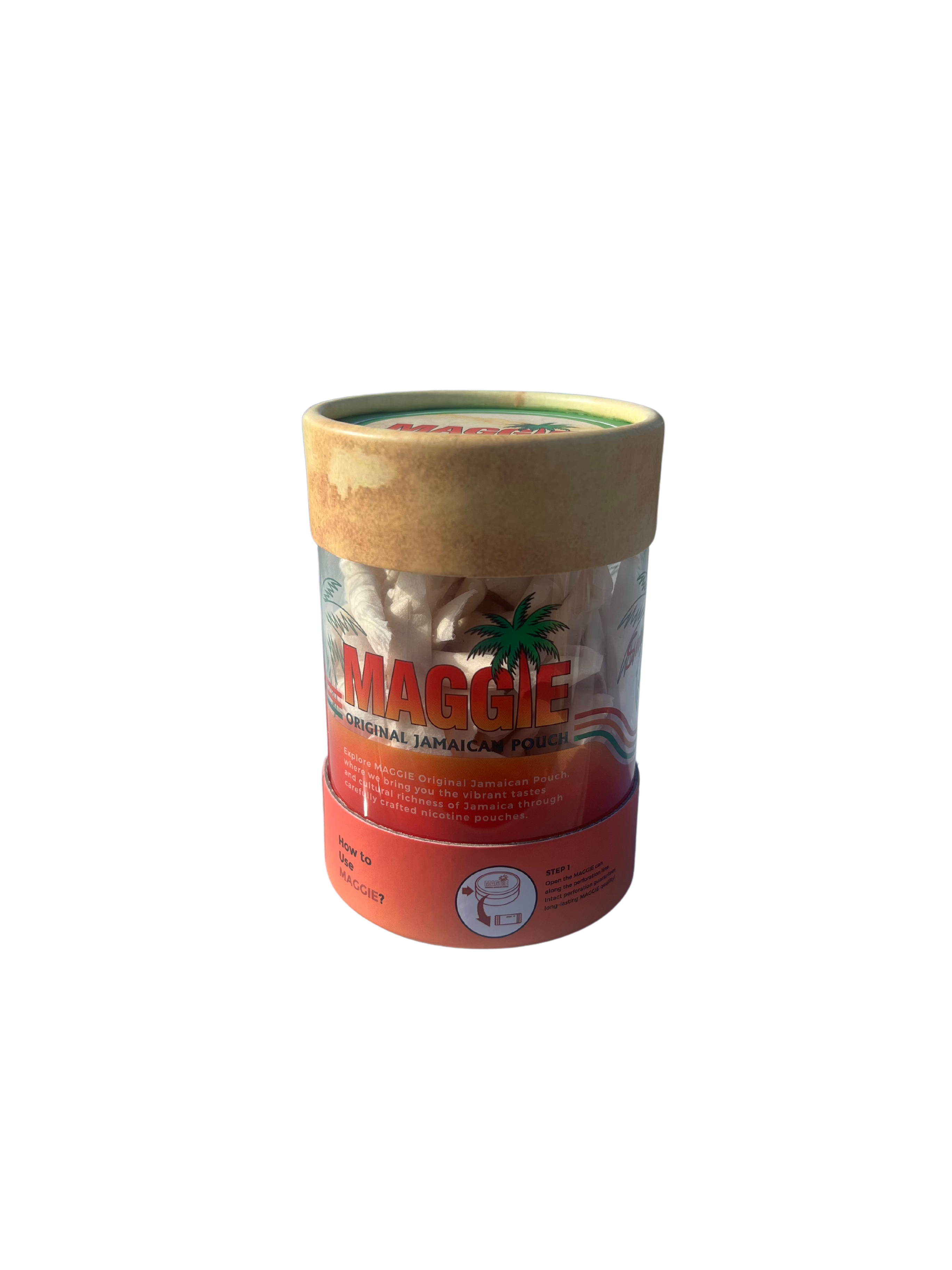 MAGGIE 100 Pouches Mega Can, clear cylindrical container showing white nicotine pouches with red and orange branding.