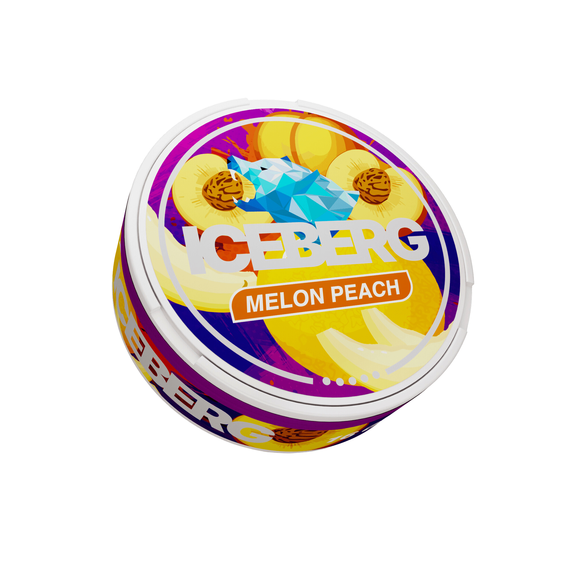 Iceberg Melon Peach nicotine pouches tin with 120mg strength label, featuring a blue wolf logo on a white background.