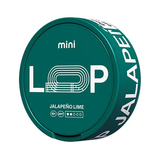 Green can of LOOP Jalapeño Lime Mini nicotine pouches featuring the brand logo, citrus flavour and Hot strength rating.