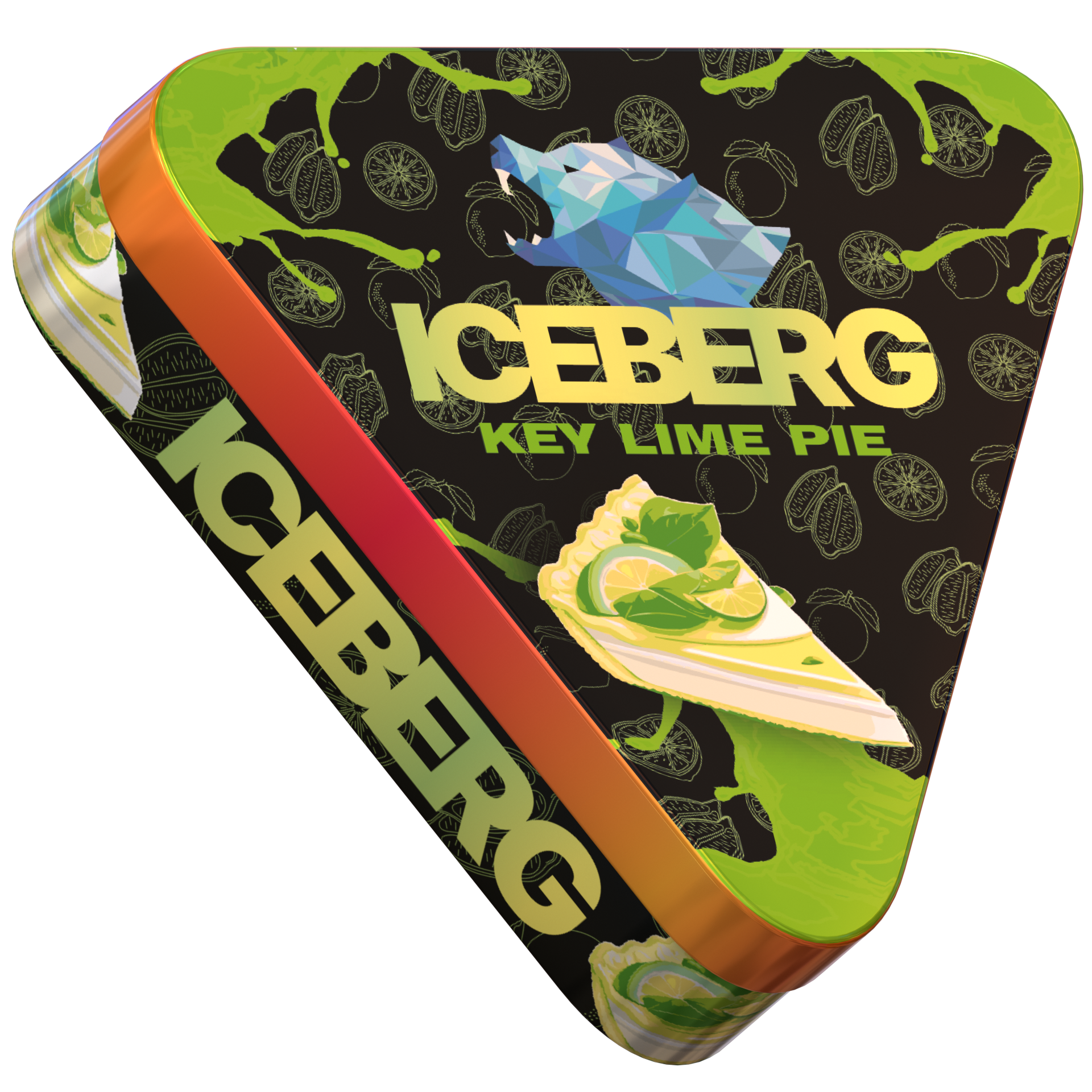 Iceberg Key Lime Pie 50mg nicotine pouches in a triangular tin with dessert graphics and a blue geometric wolf logo.
