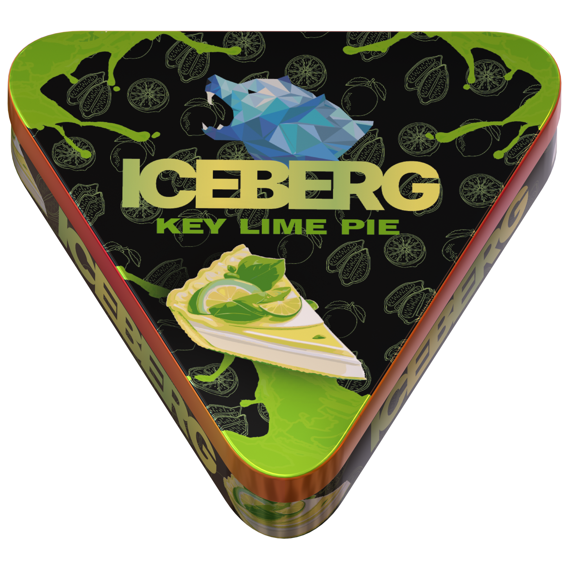 Iceberg Key Lime Pie nicotine pouches in a unique triangular tin with green citrus branding and 50mg strength.