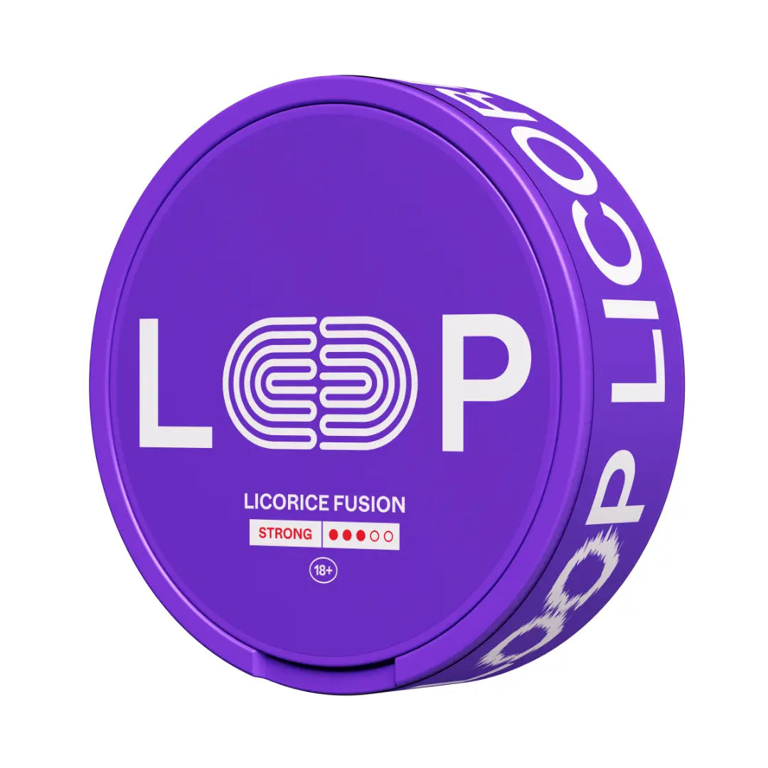 LOOP Licorice Fusion Strong 9.4mg slim nicotine pouches in a purple can, studio shot on a white background.