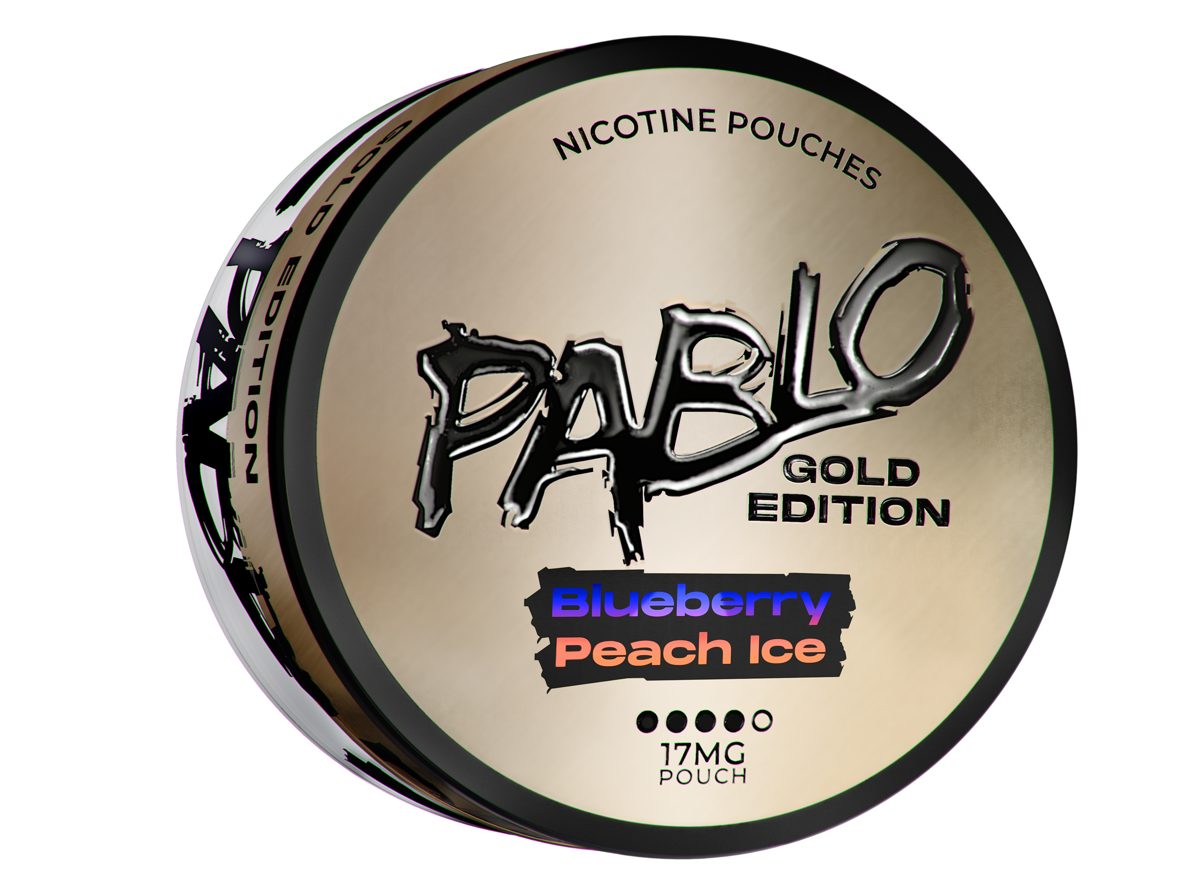 Pablo Gold Edition Blueberry Peach Ice tobacco-free snus, 17mg nicotine pouches in a premium gold and black slim can.