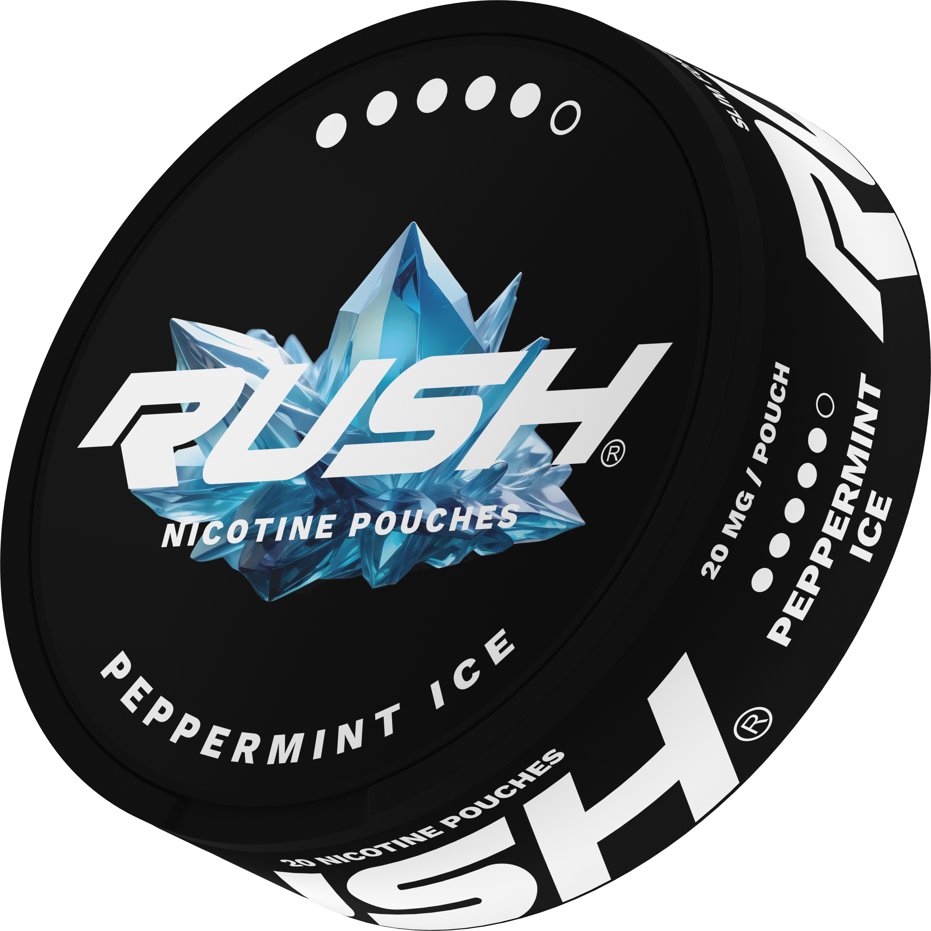 RUSH EXTREME Peppermint Ice 20mg Nicotine Pouches, side view of black can with blue ice crystal design.