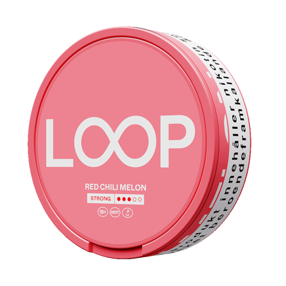 LOOP Red Chili Melon 9.4mg Strong tobacco-free slim nicotine pouches in a red and pink round can.