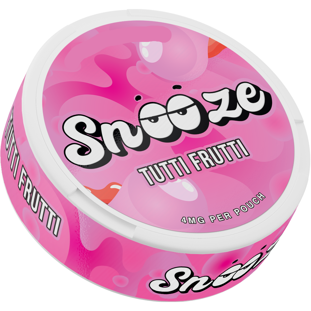 Snooze Tutti Fruitti Nicotine Pouches, 4mg per pouch strength, pink round tin with fruit bubble design.