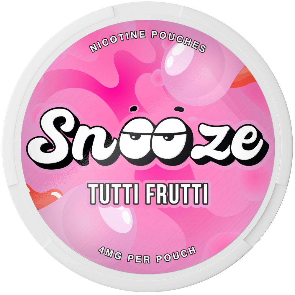 SNOOZE Tutti Fruitti Nicotine Pouches, 4mg strength can with pink bubble design.