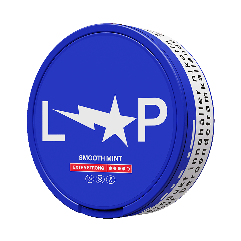 LOOP Smooth Mint Extra Strong slim nicotine pouches in a blue can, showing the tobacco-free 12.5mg strength indicator.