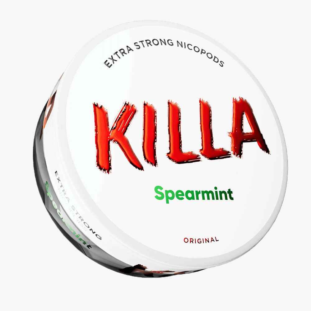 KILLA Spearmint Extra Strong Nicopods; a round white tin of slim nicotine pouches with red and green branding.