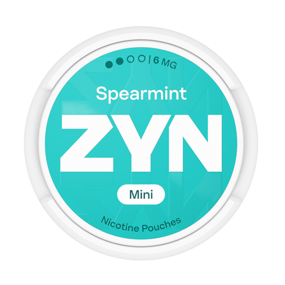 ZYN Spearmint Mini tobacco-free nicotine pouches (6mg), showing turquoise can lid with medium strength indicator.