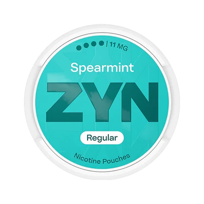 ZYN Spearmint X-Strong 11mg nicotine pouches can with teal label and extra strong rating dots.