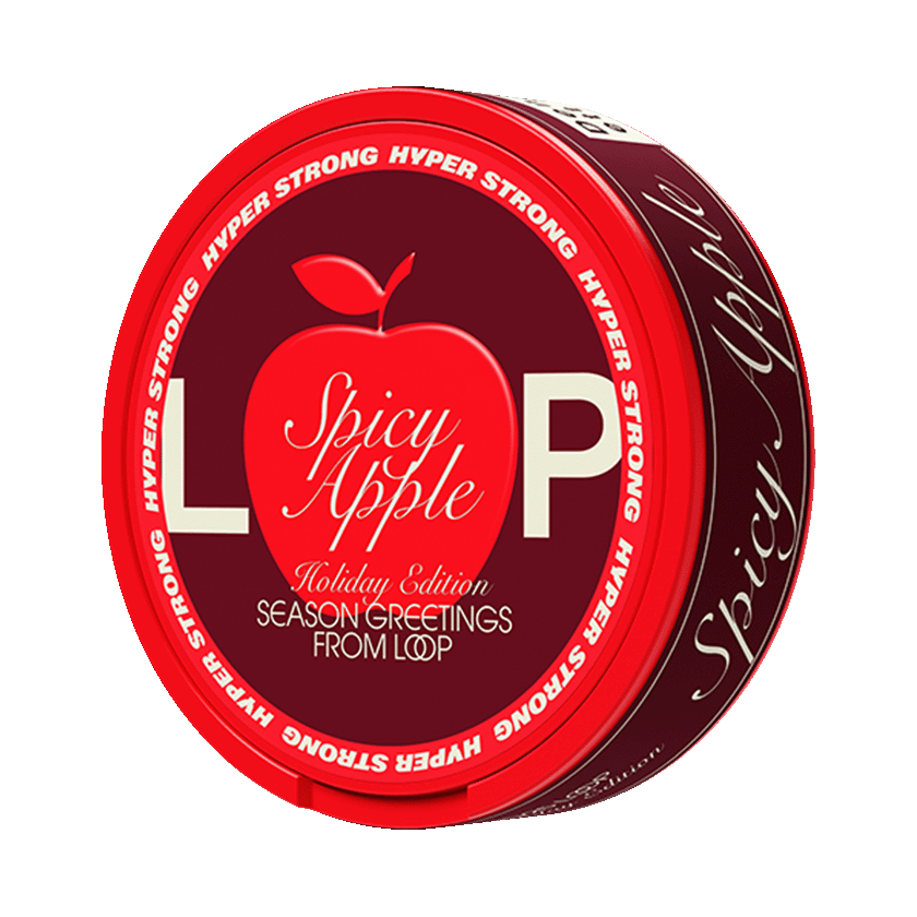 LOOP Spicy Apple Hyper Strong 15.6mg nicotine pouch can, Holiday Edition design with red apple and Season Greetings text.