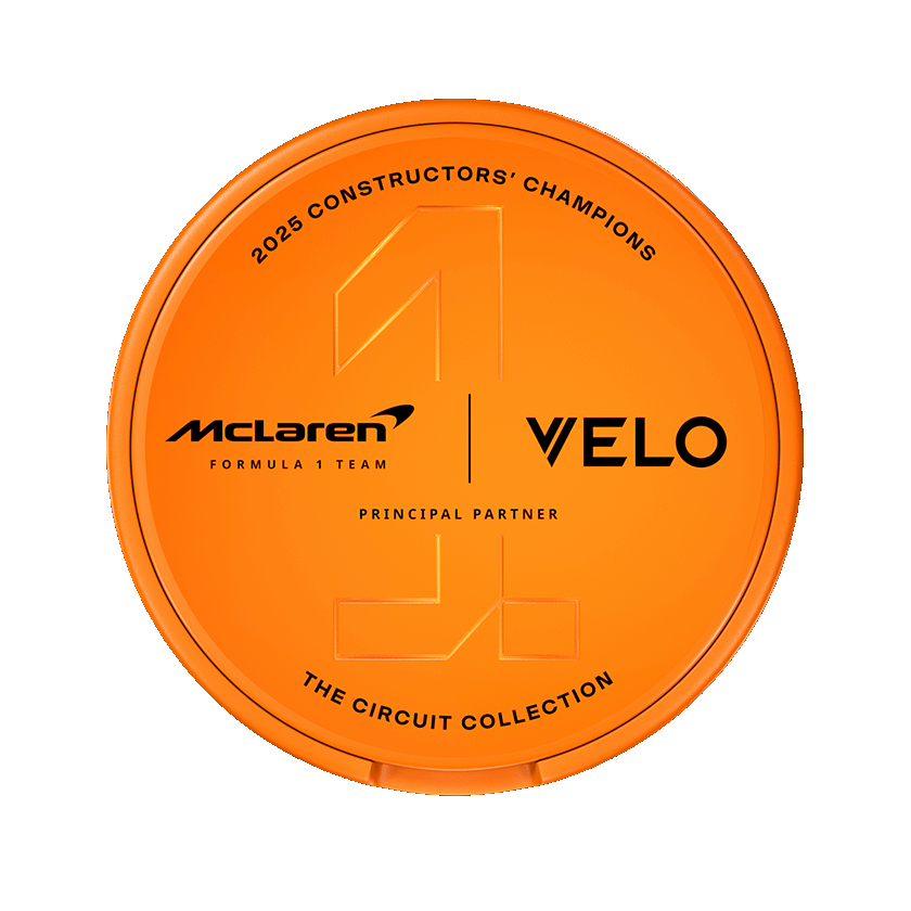 VELO Sweet Papaya McLaren Edition orange nicotine pouch can, 8mg, featuring Formula 1 2025 Champions branding.