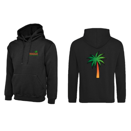 Maggie Black Hoodie front and back views showing a chest logo and a vibrant palm tree graphic on the rear.