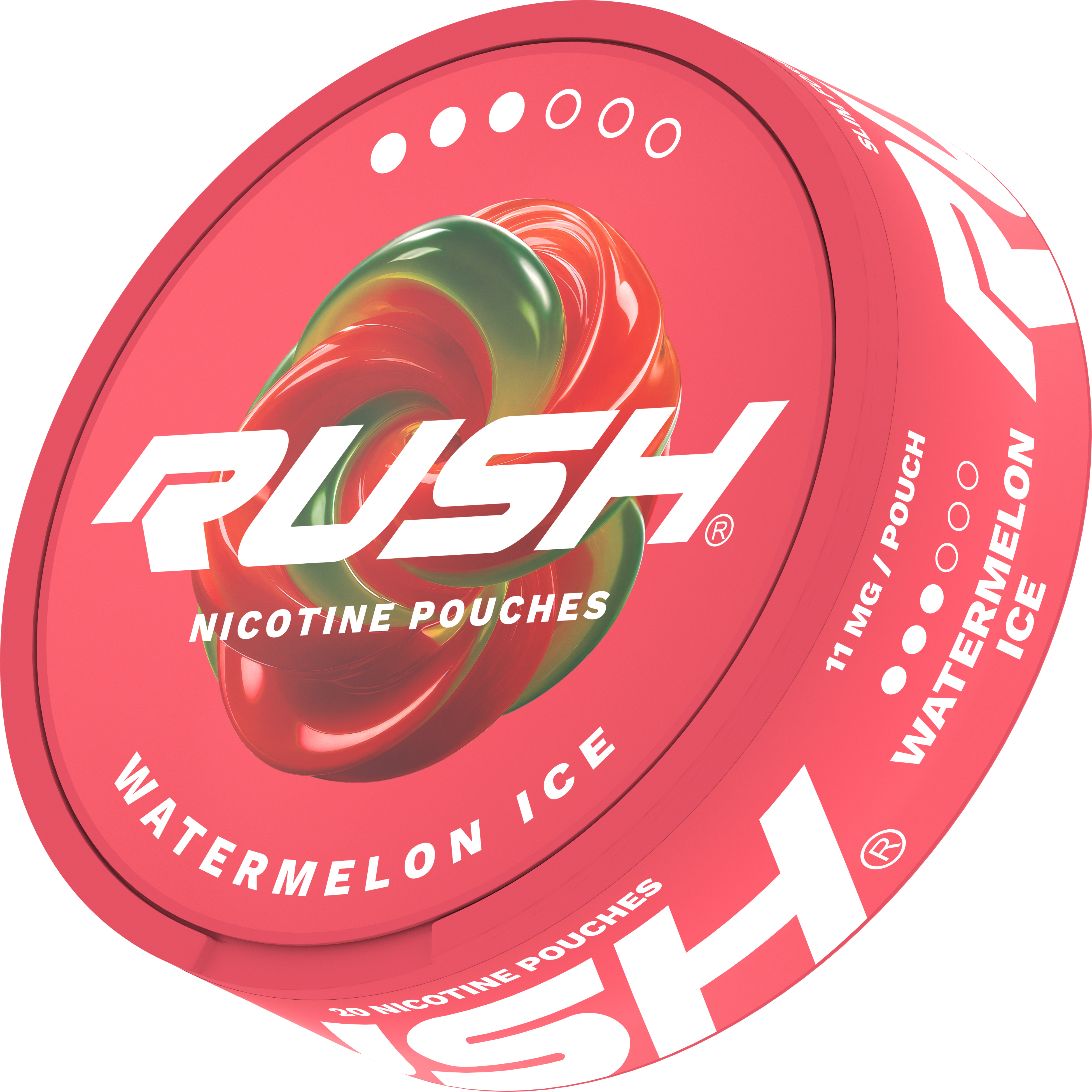Side view of RUSH PRO Watermelon Ice nicotine pouches can, 11mg tobacco-free slim pouches in a pink tin.