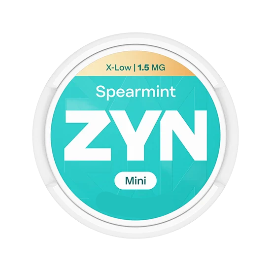 ZYN Spearmint Mini X-Low Nicotine Pouches, 1.5mg Tobacco-Free Can on Black Background