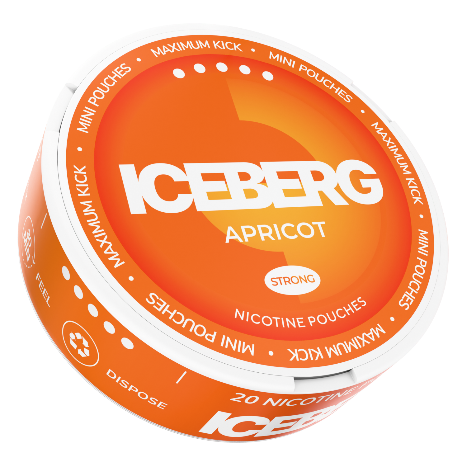 Side view of Iceberg Mini Apricot nicotine pouches can, 30mg strength, featuring orange and white branding.